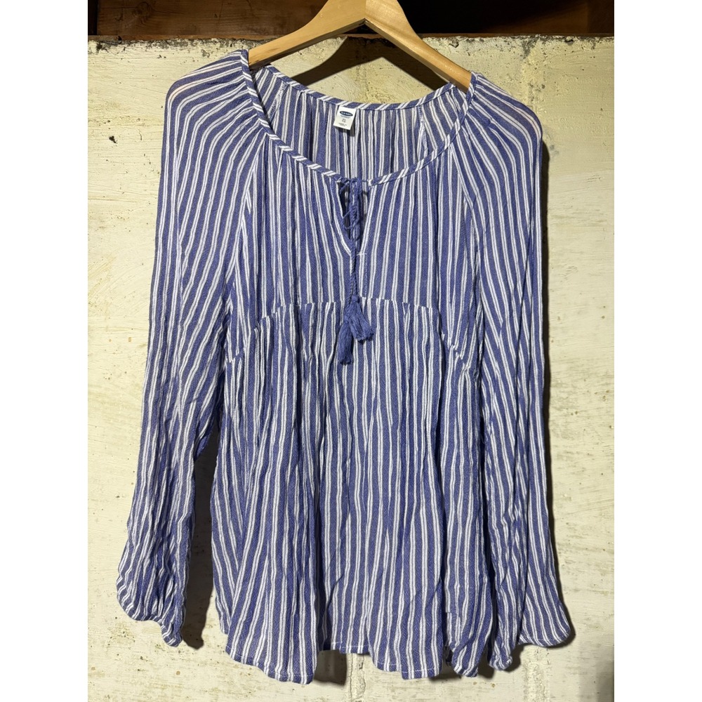 Old Navy Blue White Stripe Tassel Tie Neck Peasant Blouse Top XL Spring Flowy